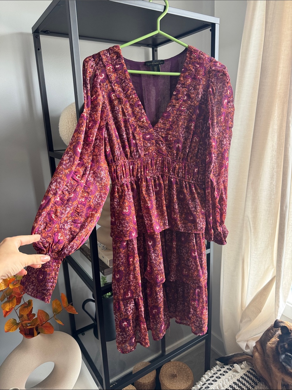 333 Boho Tiered Long-Sleeve Dress - Burgundy Floral